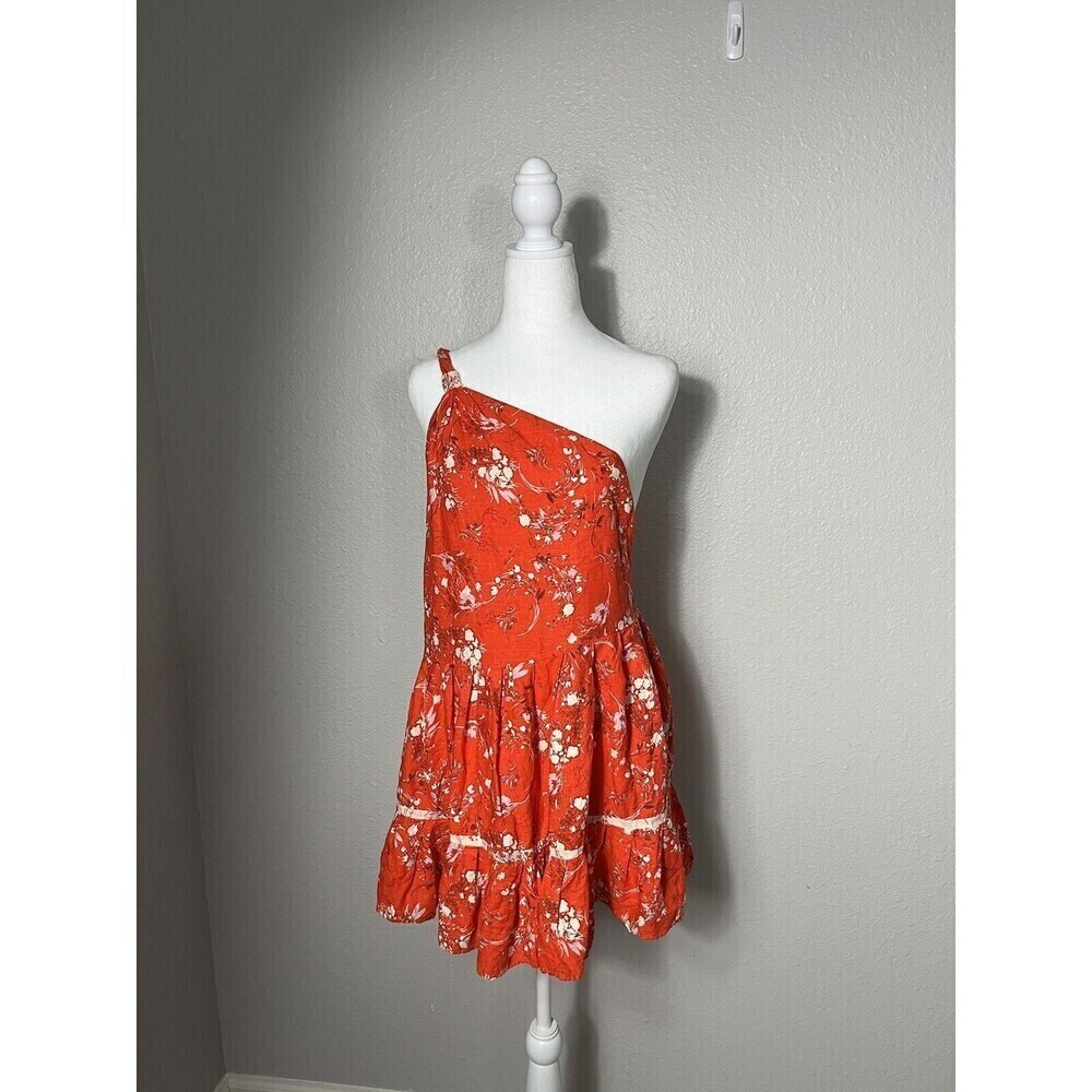 Free People All Mine Mini Dress Red One Shoulder Size XS Medium Linen A2